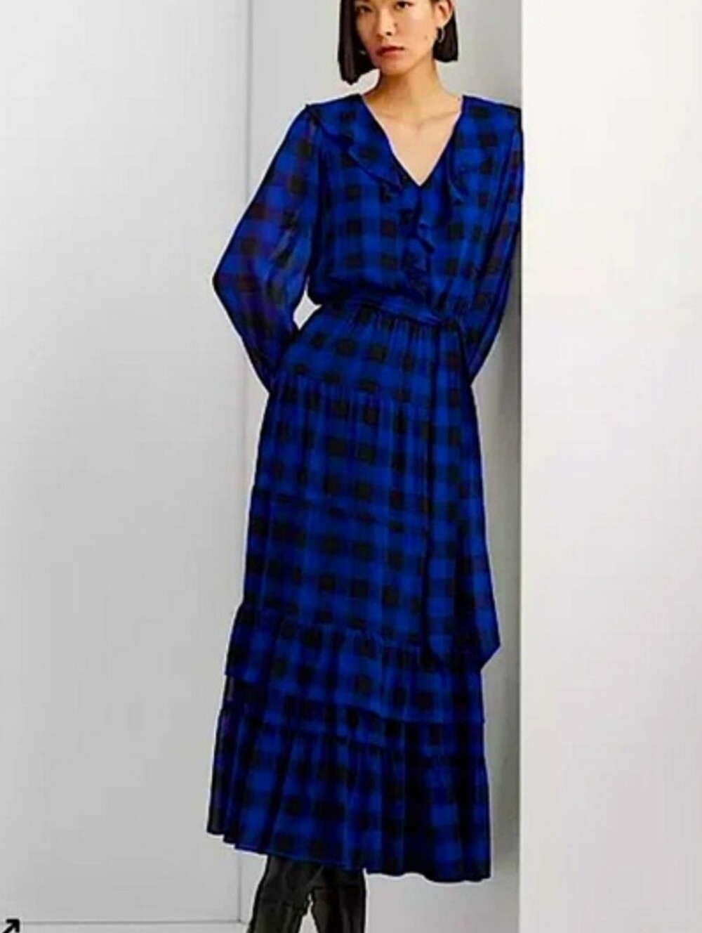 Lauren Ralph Lauren Blue BLack Buffalo Check Ruffled Midi Dress Fall size 2p NWT